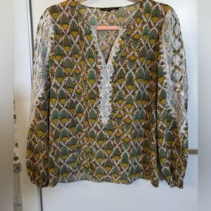 KOBI HALPERIN Silk Freddie Long Sleeve Blouse with Lace Accents, Size M, EUC